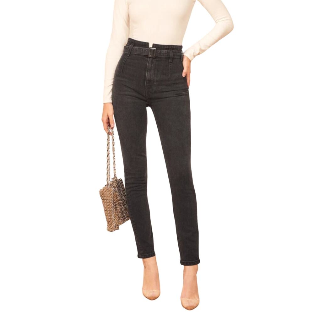 Reformation Kayo High & Skinny Belted Jeans Erie Black 27